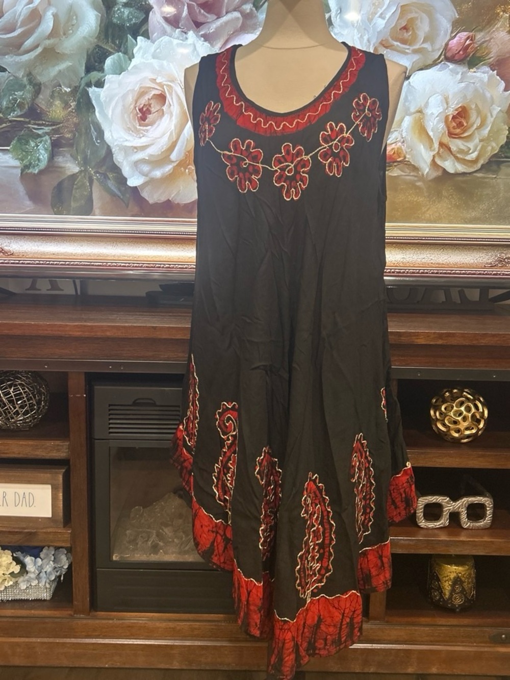 Black and Red Asymmetrical Floral-Embroidered Dress